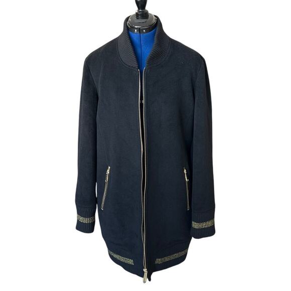 Sam Edelman Long Black Bomber Jacket Womens Size M Wool Blend Gold Accents Indie - Picture 2 of 9
